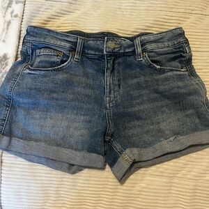 Blue Jean Shorts with Distressed Wash and Cuffed Hem